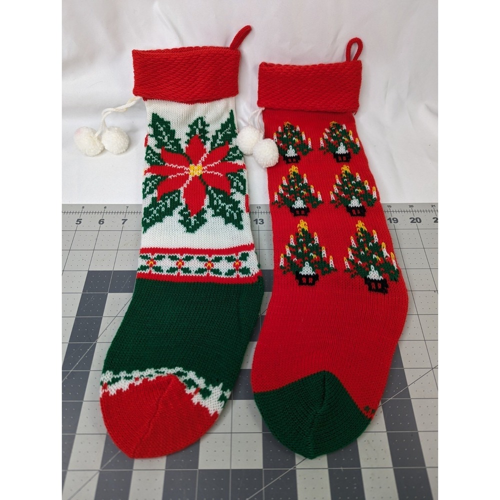 Knit Christmas Stocking Lot Candles Christmas Trees Poinsettia 19 Inch